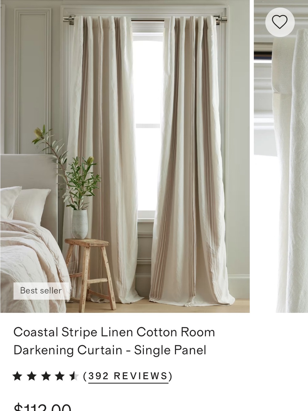 Coastal Stripe Linen Cotton Room Darkening Curtain - Single Panel 48x108